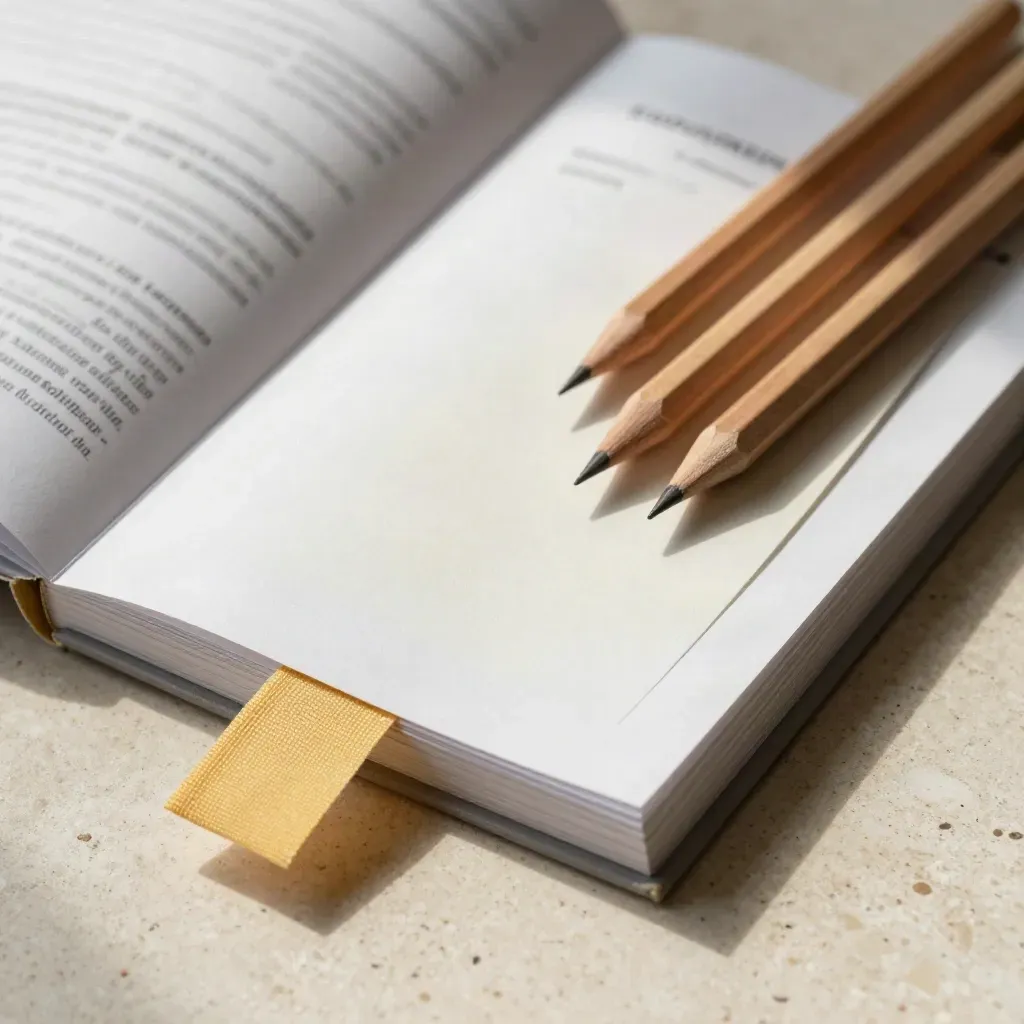 Zine belajar sekutu, pembatas kain, kartu glosarium terbalik, dan pensil kayu di atas travertine.