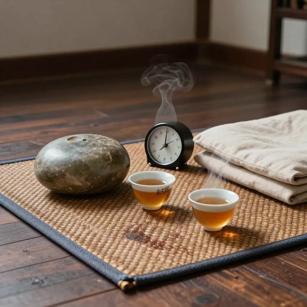Batu bicara, timer analog, dua cangkir teh, dan bantal lipat di atas kain tenun, dengan uap tipis.