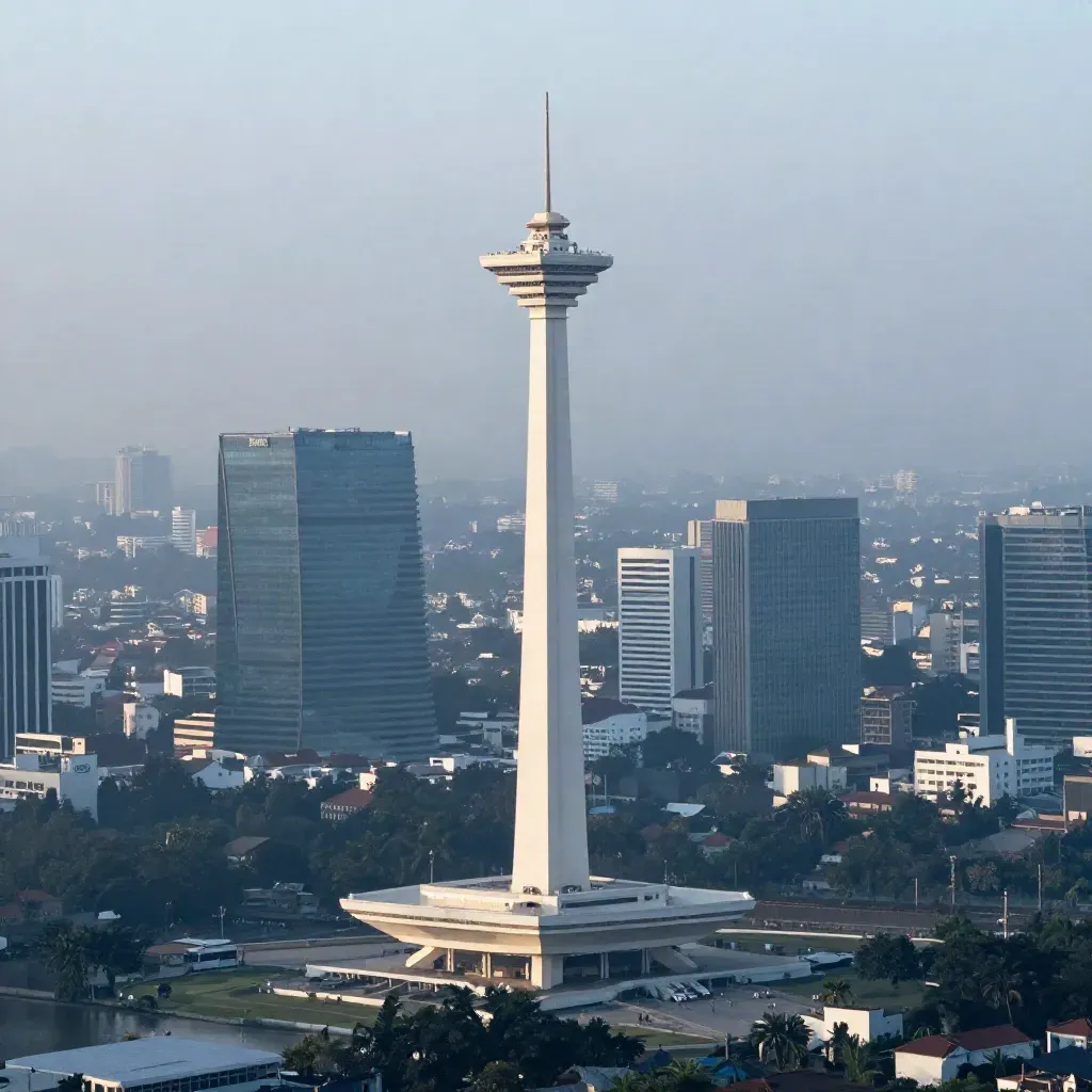 Monas dan skyline Jakarta pagi berkabut dengan cahaya lembut.