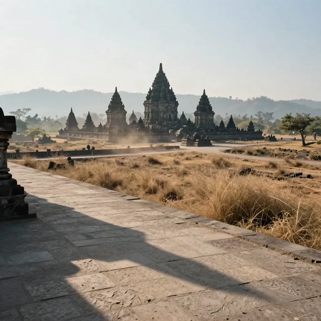 Siluet Prambanan di cakrawala Yogyakarta saat senja emas dengan kabut hangat.